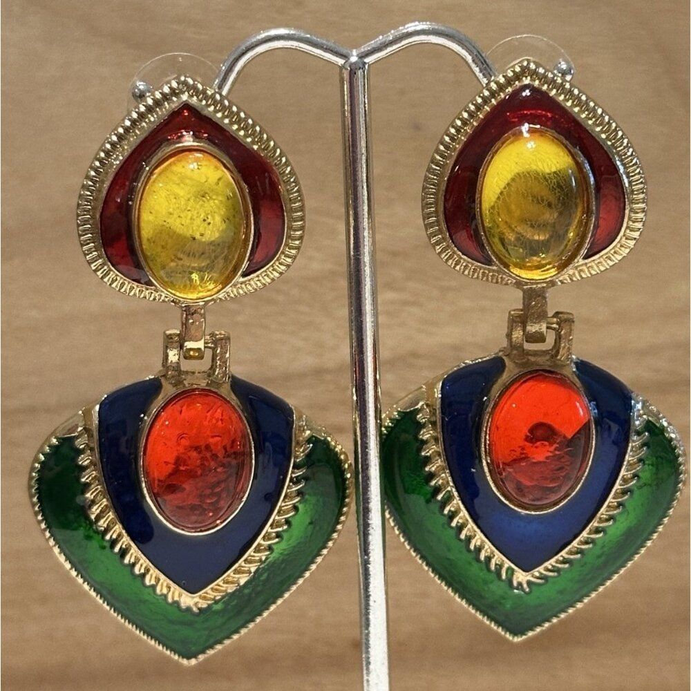 Colourful Gold Tone Heart Enamel Statement Drop Earrings Bold Pierced Ears